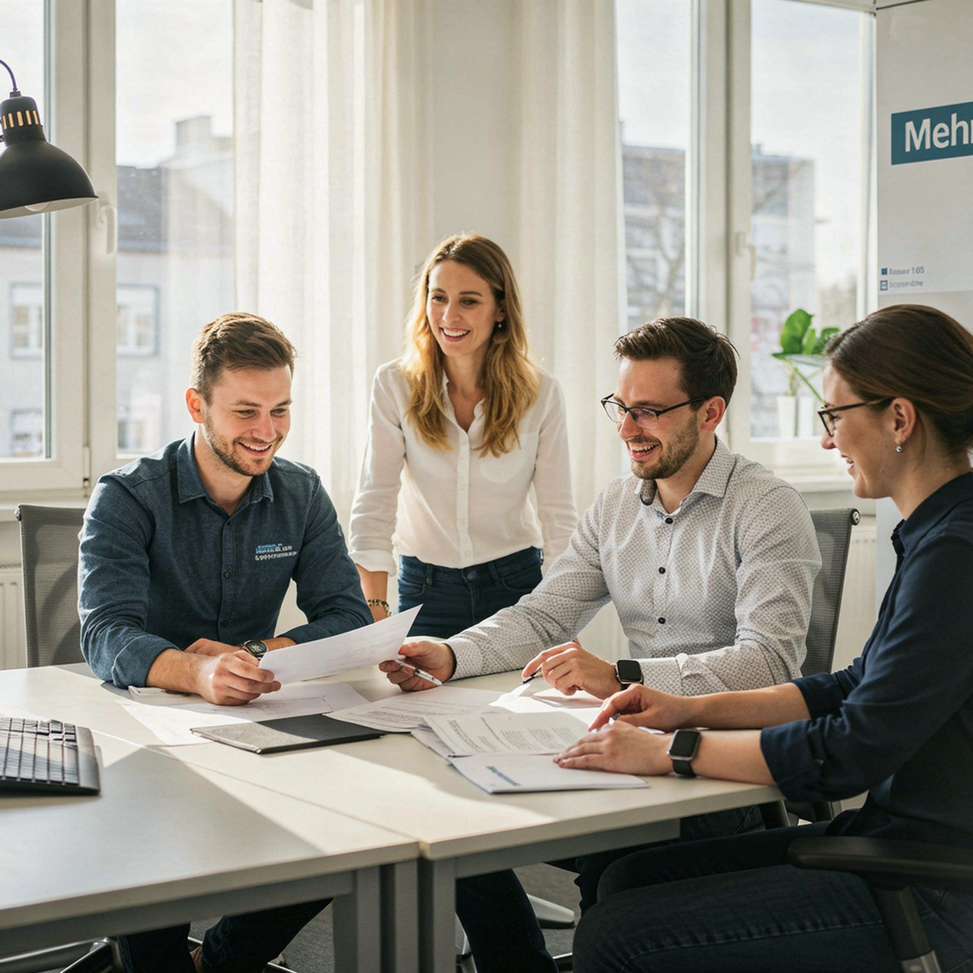 Mehrere Kollegen arbeiten gemeinsam an Dokumenten in einem modernen Büro. Das Bild vermittelt Professionalität, Zusammenarbeit und Servicequalität.
